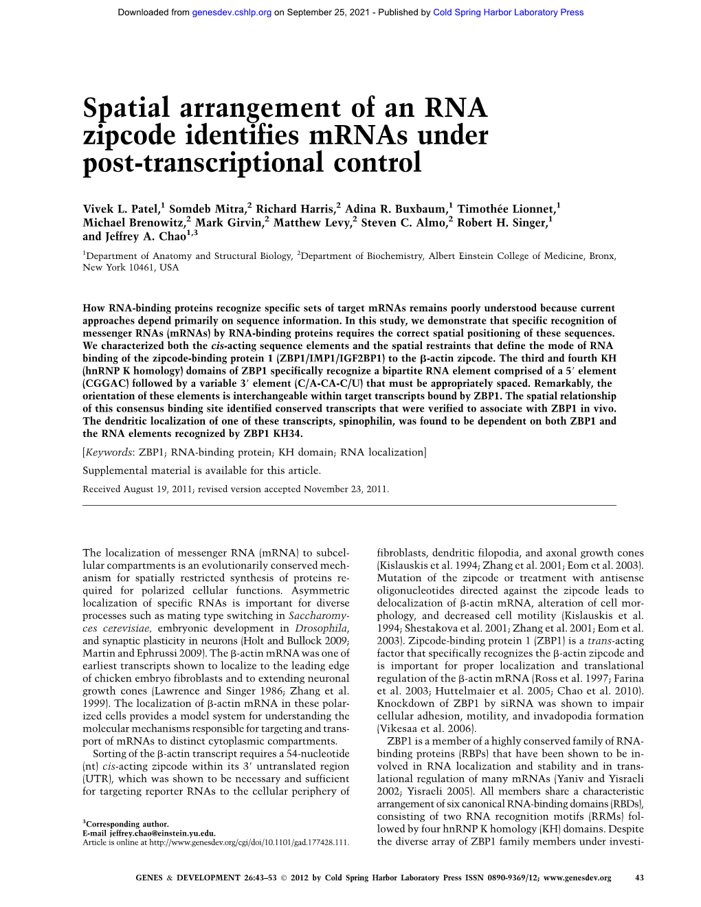 Spatial Arrangement of an RNA Zipcode Identifies Mrnas Under Post-Transcriptional Control