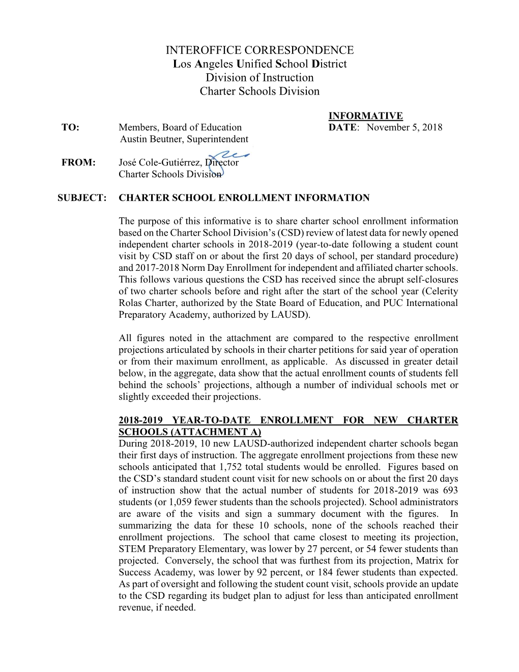INTEROFFICE CORRESPONDENCE Los Angeles Unified School District Division of Instruction Charter Schools Division