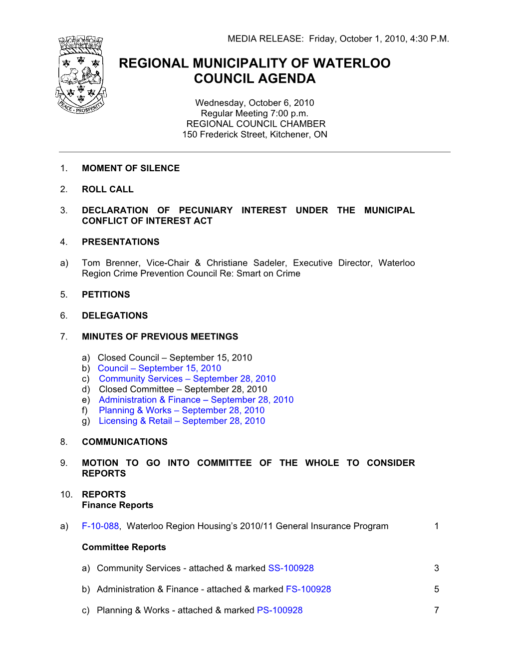 Regional Municipality of Waterloo Council Agenda