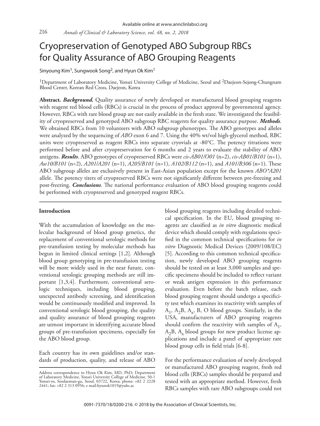 Cryopreservation of Genotyped ABO Subgroup Rbcs for Quality Assurance of ABO Grouping Reagents