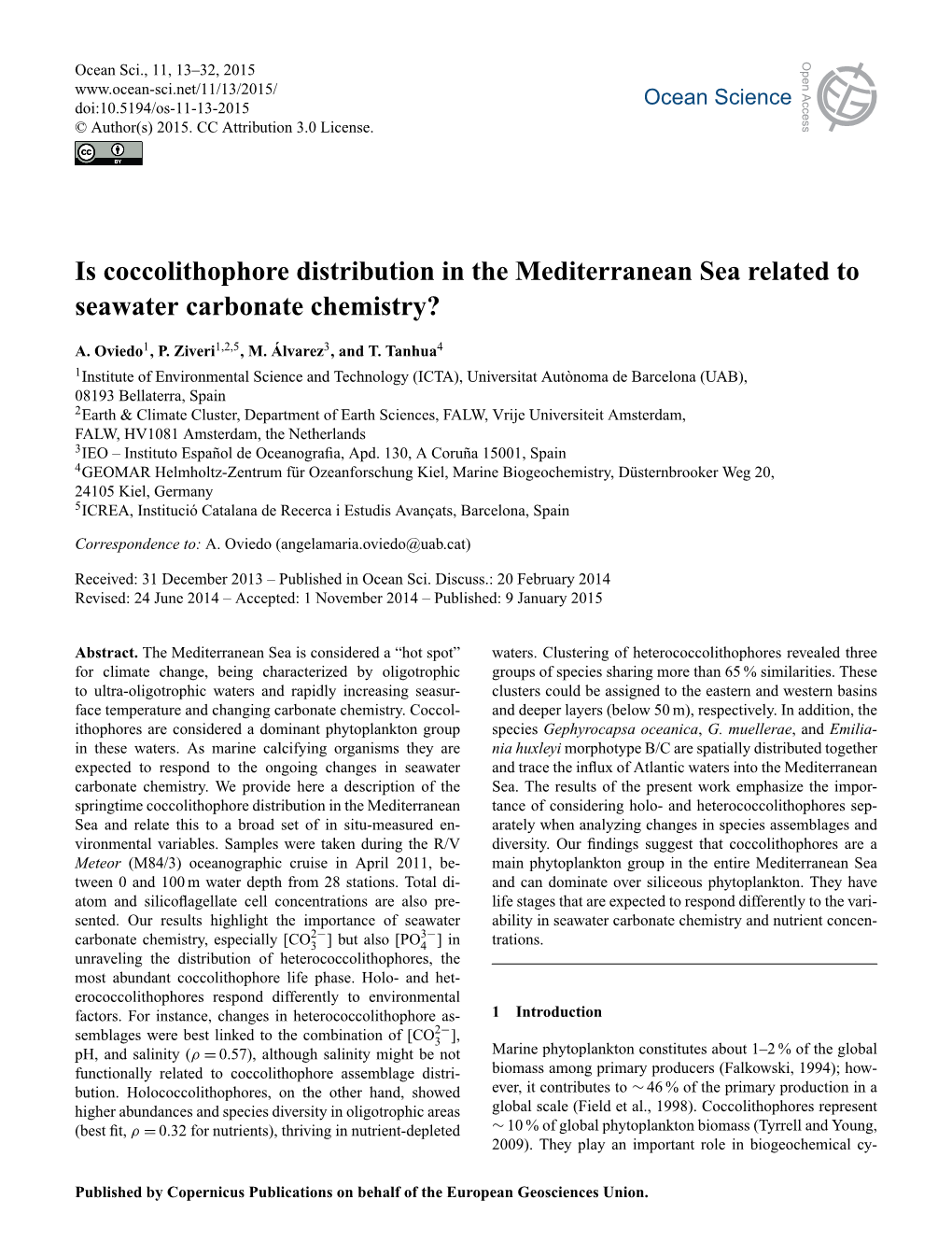 Is Coccolithophore Distribution in the Mediterranean Sea Related to Seawater Carbonate Chemistry?