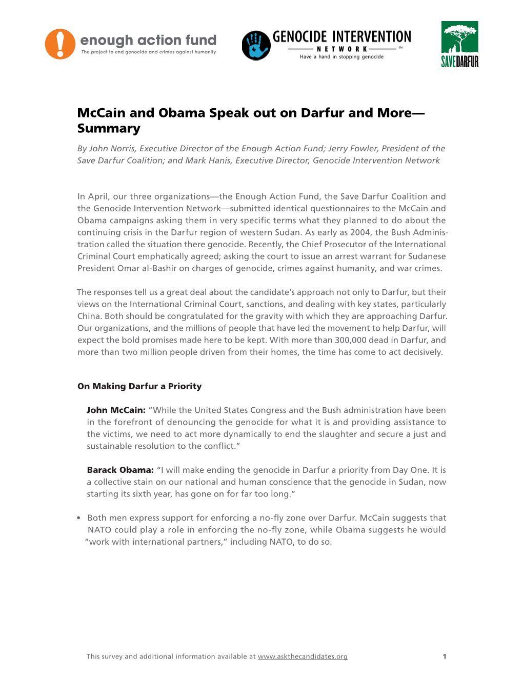Mccain and Obama Speak out on Darfur and More— Summary