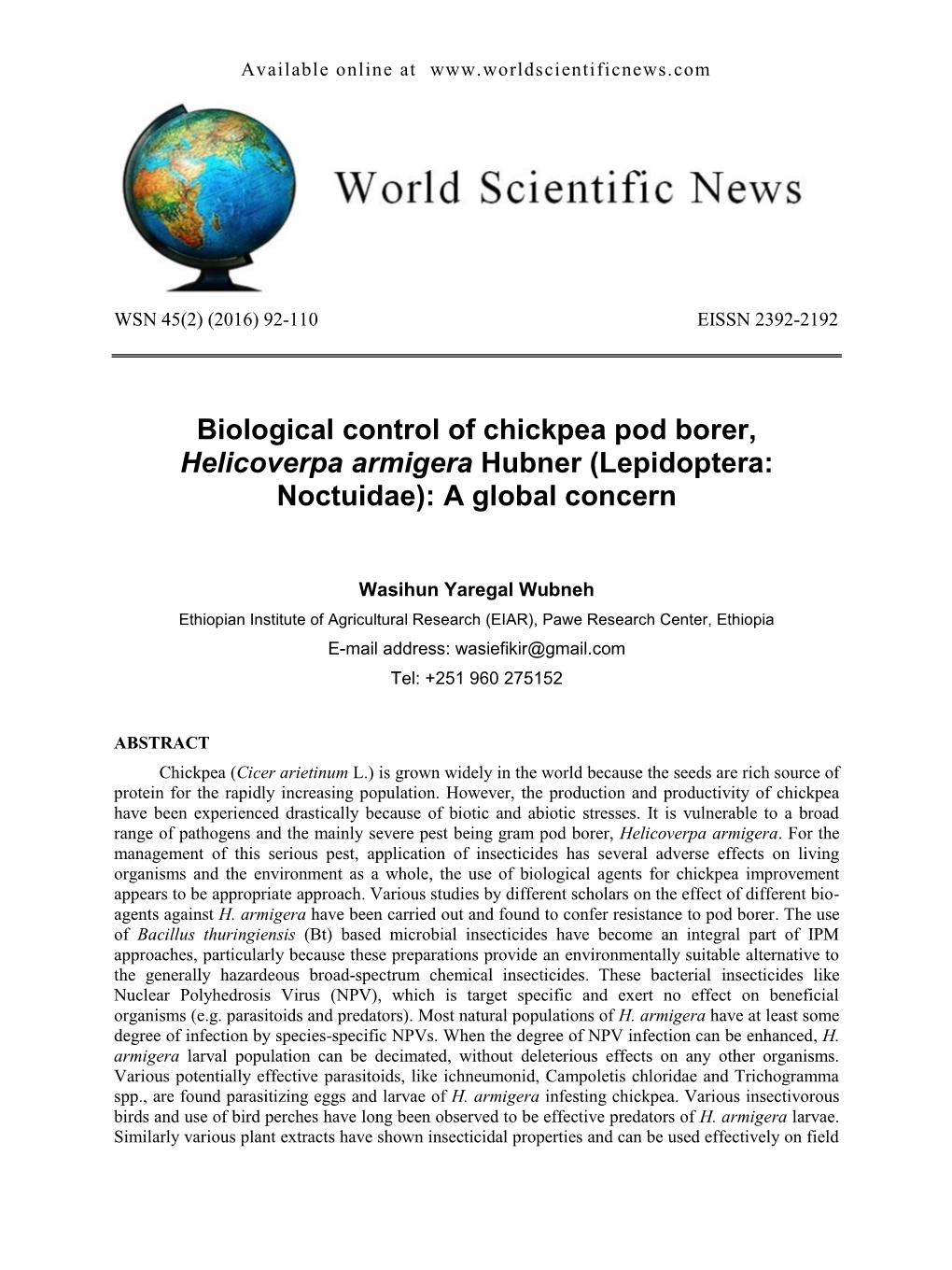 Biological Control of Chickpea Pod Borer, Helicoverpa Armigera Hubner (Lepidoptera: Noctuidae): a Global Concern