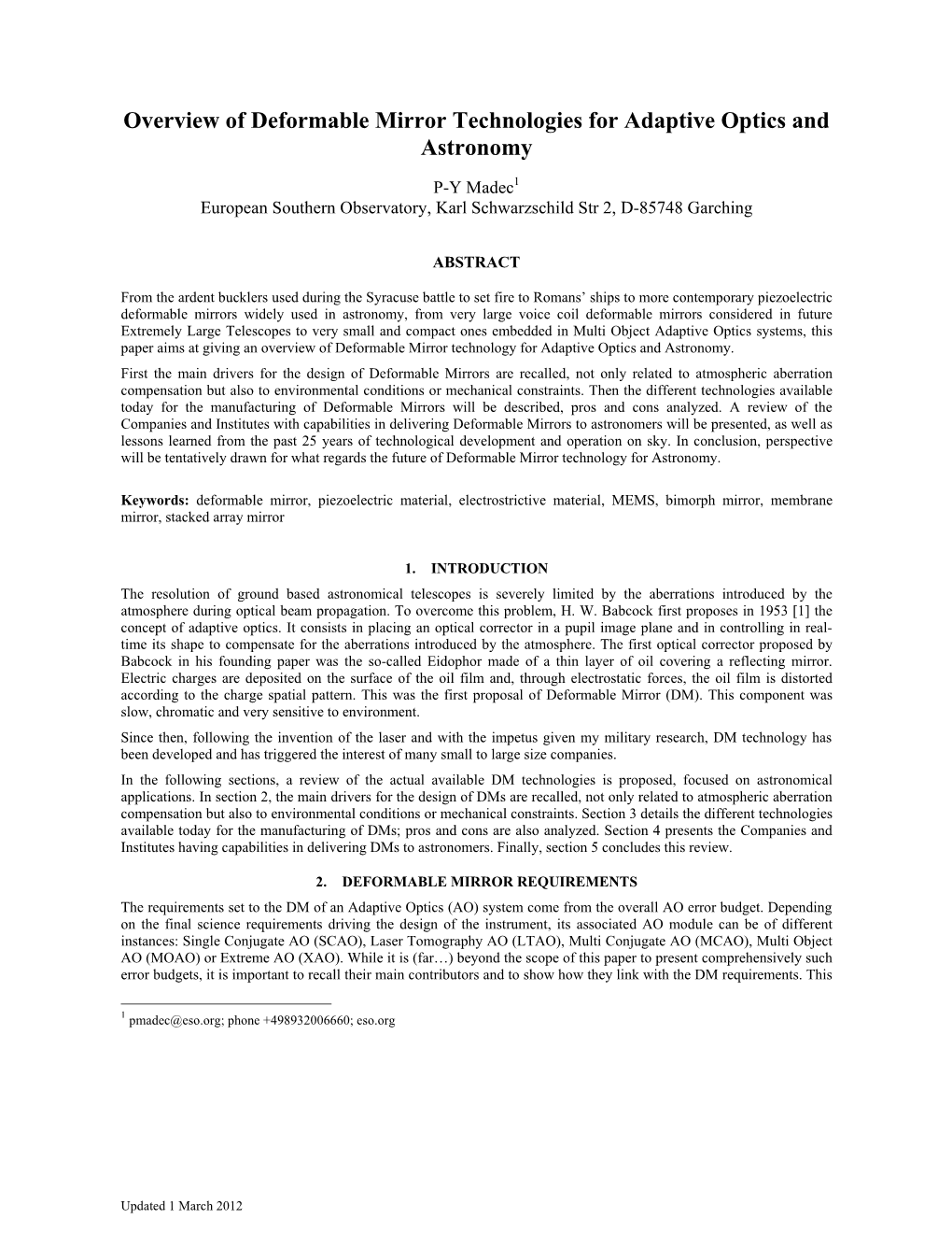 Overview of Deformable Mirror Technologies for Adaptive Optics and Astronomy