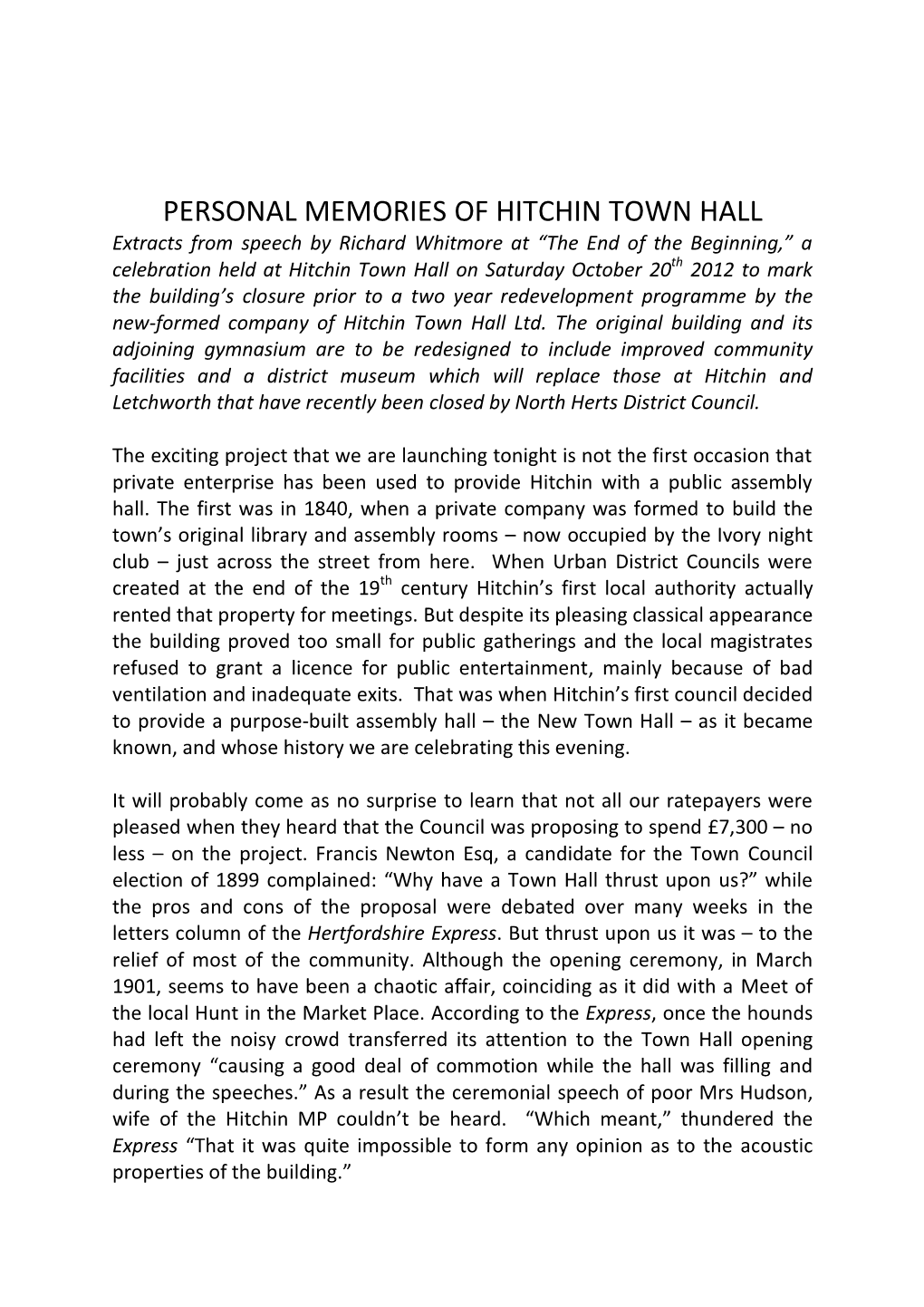 Personal Memories of Hitchin Town Hall