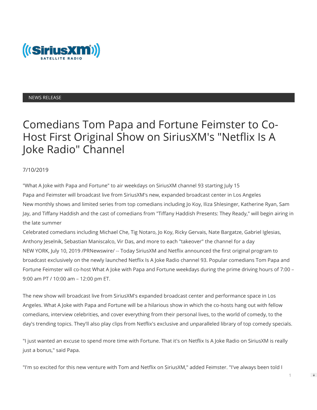 Comedians Tom Papa and Fortune Feimster to Co- Host First Original Show on Siriusxm's 