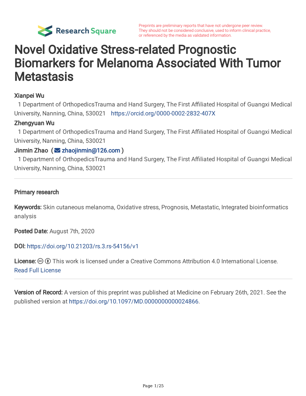 Novel Oxidative Stress-Related Prognostic Biomarkers for Melanoma Associated with Tumor Metastasis