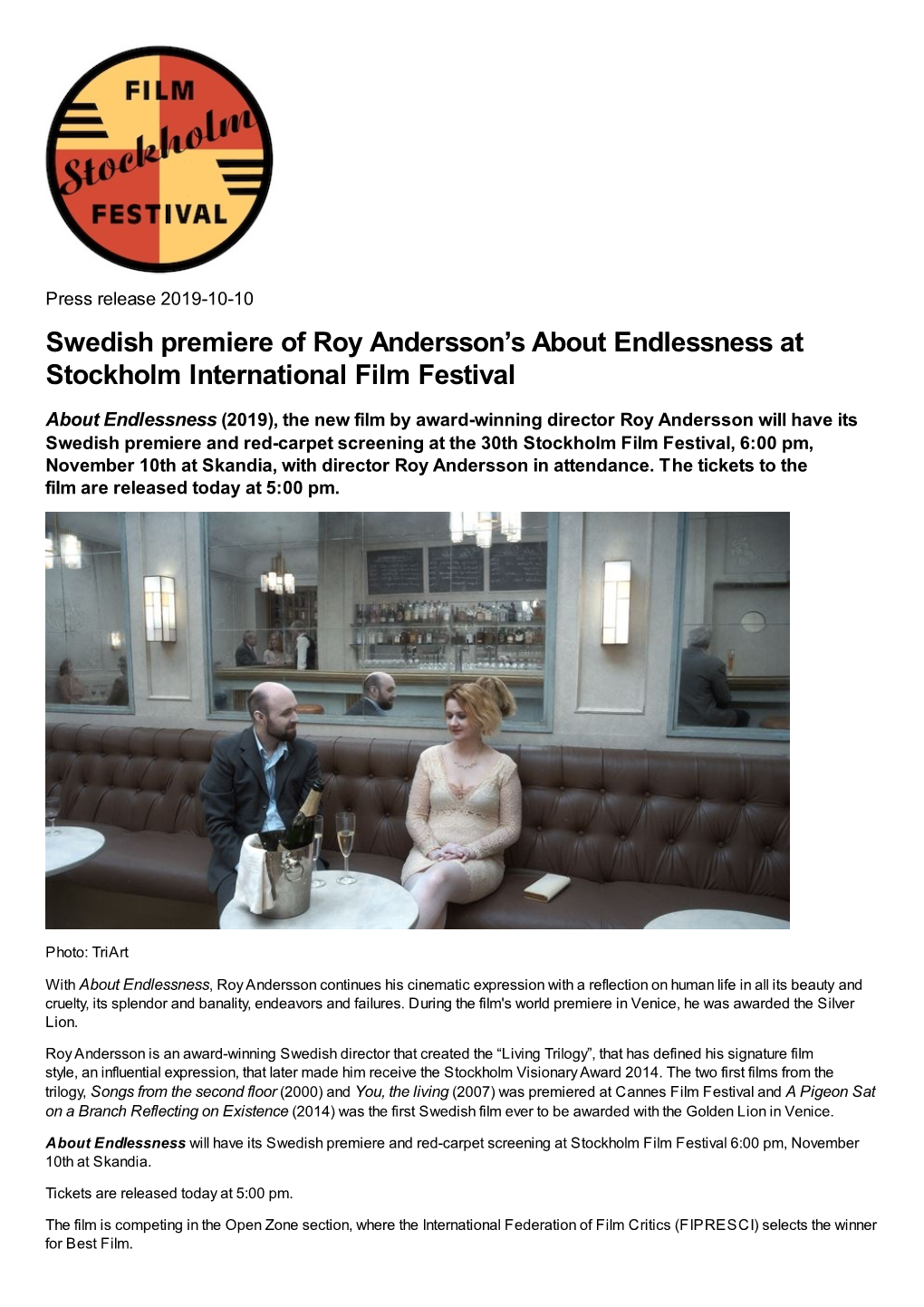 Swedish Premiere of Roy Andersson's About Endlessness at Stockholm