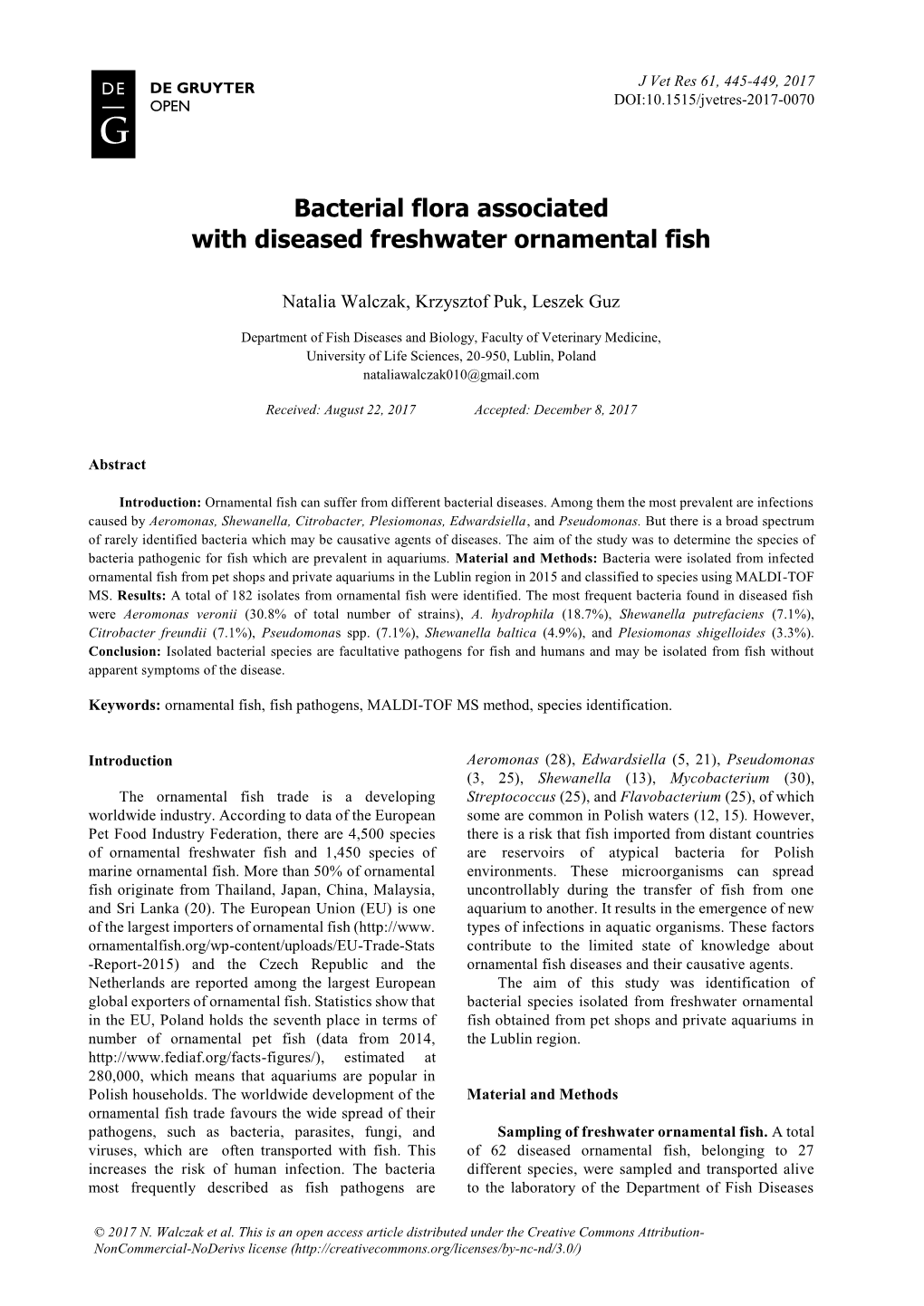 Bacterial Flora Associated with Diseased Freshwater Ornamental Fish