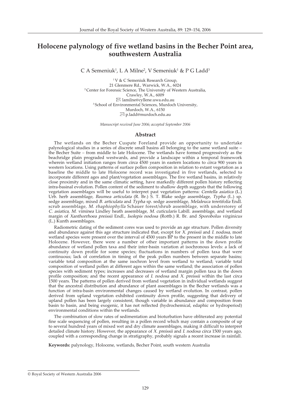 Holocene Palynology of Five Wetland Basins in the Becher Point Area, Southwestern Australia