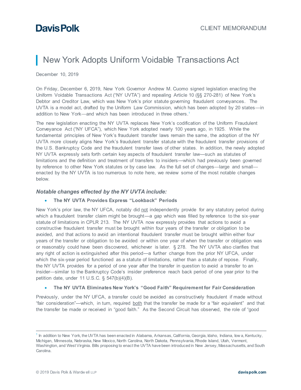 New York Enacts UVTA, Modernizing Fraudulent Conveyance