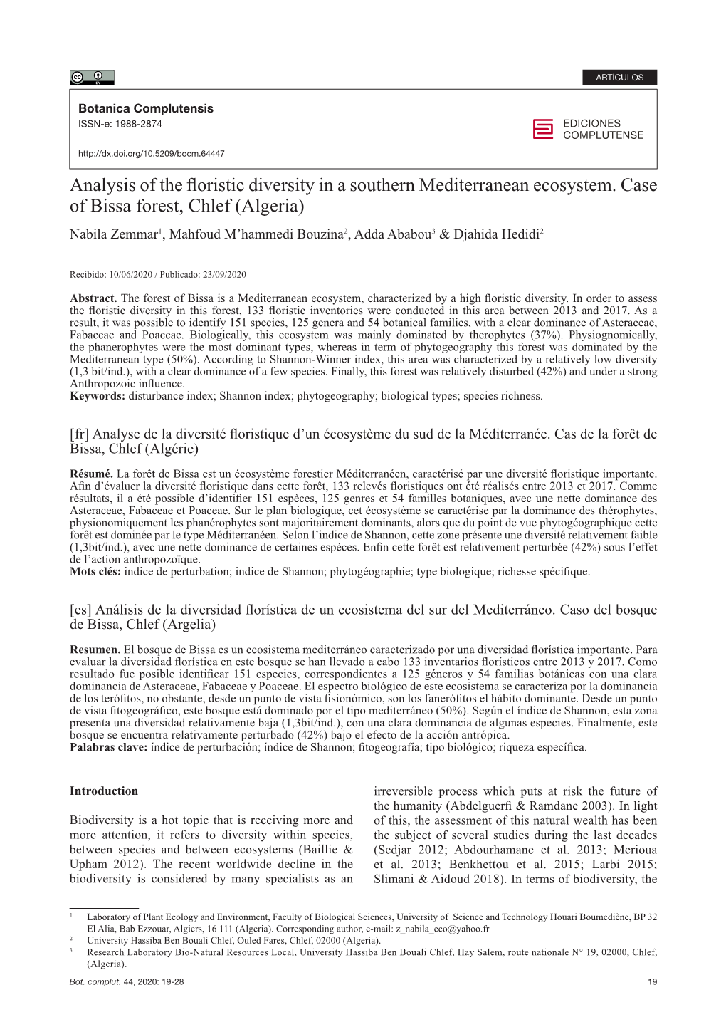 Analysis of the Floristic Diversity in a Southern Mediterranean Ecosystem. Case of Bissa Forest, Chlef (Algeria)