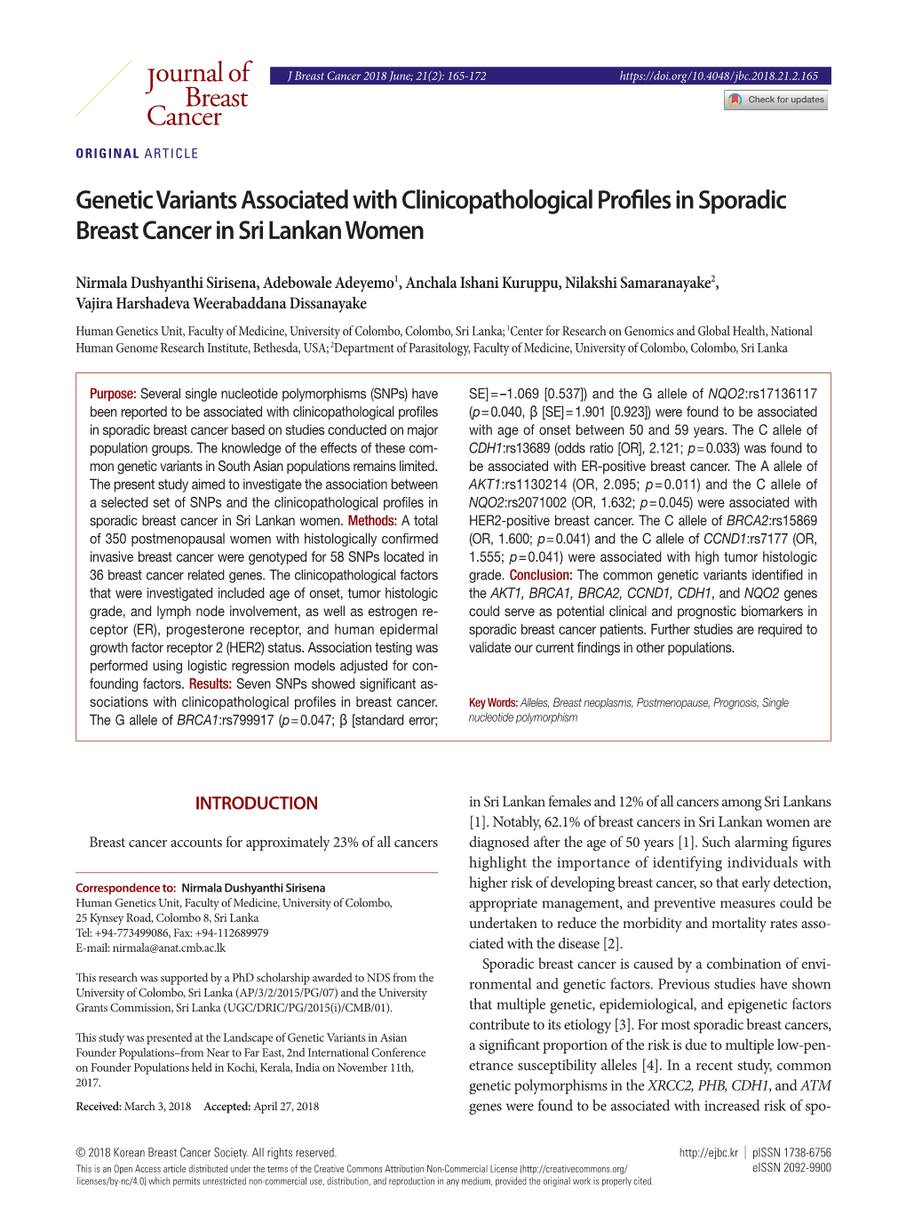 Genetic Variants Associated with Clinicopathological Profiles in Sporadic Breast Cancer in Sri Lankan Women