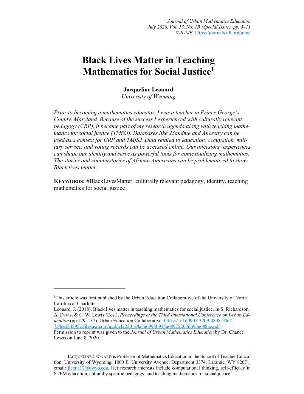 Black Lives Matter in Teaching Mathematics for Social Justice1