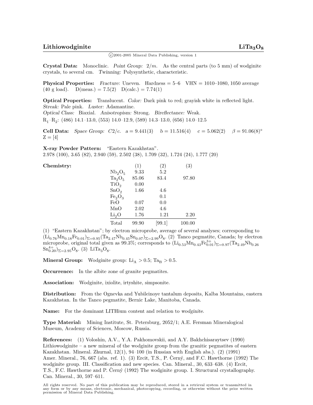 Lithiowodginite Lita3o8 C 2001-2005 Mineral Data Publishing, Version 1