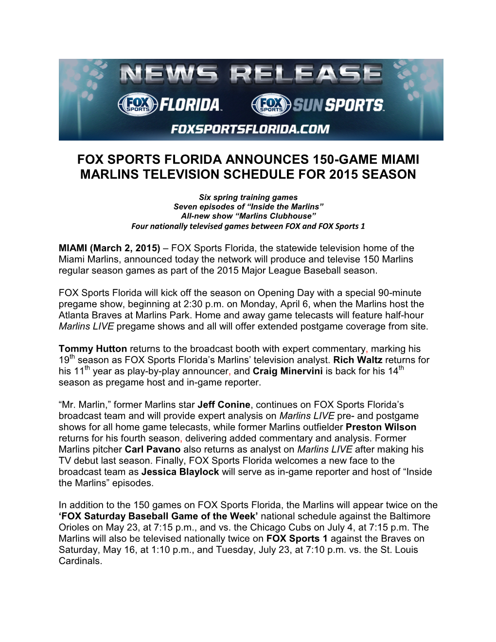 Fox Sports Florida Announces 150-Game Miami Marlins Television Schedule for 2015 Season