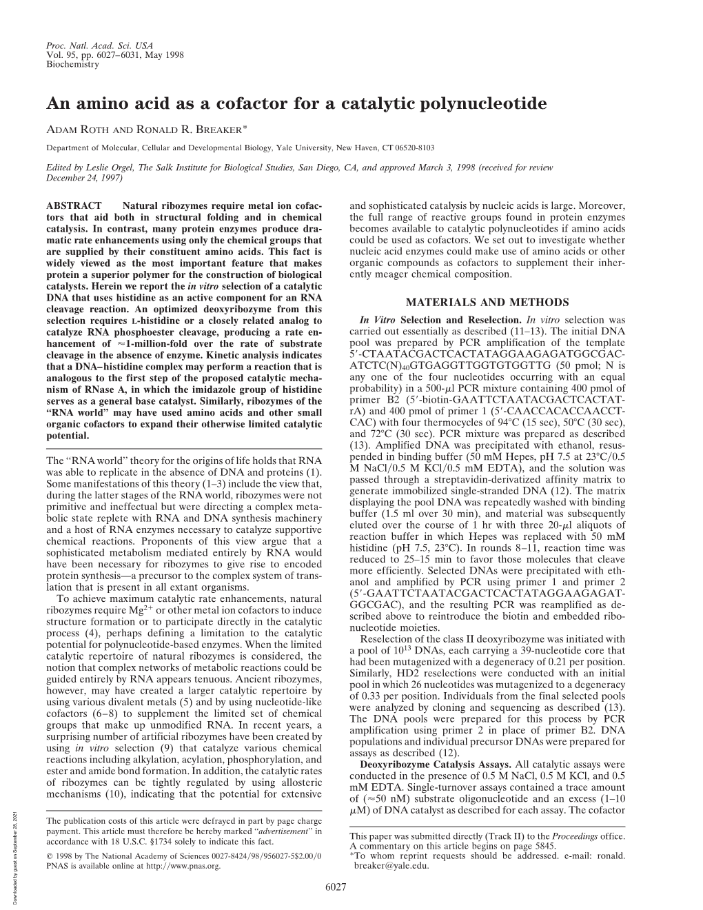 An Amino Acid As a Cofactor for a Catalytic Polynucleotide