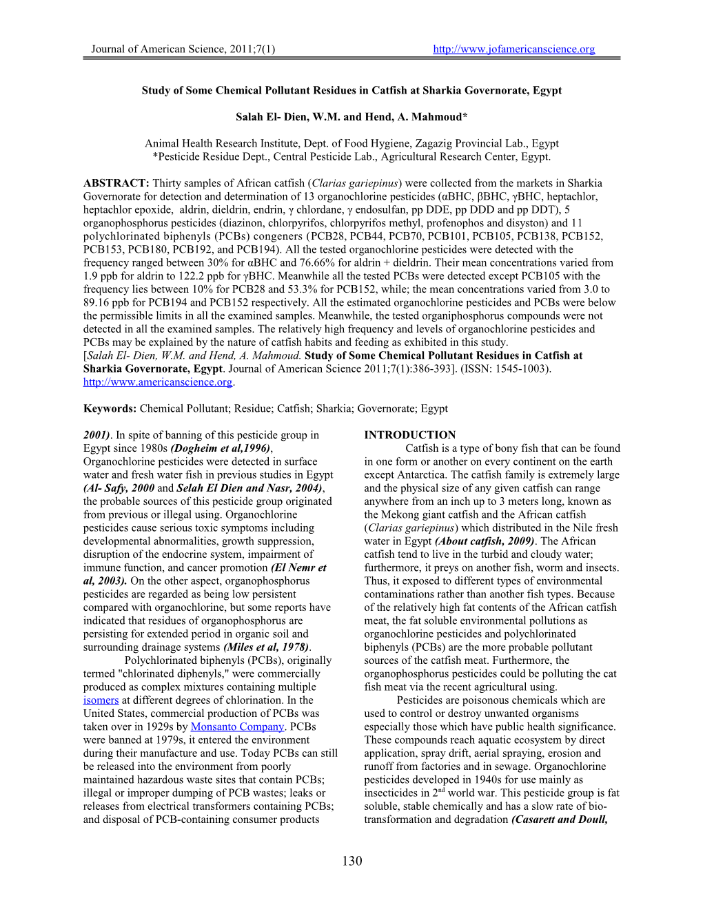 Study of Some Pesticide Residues in Catfish at Sharkia Governorate