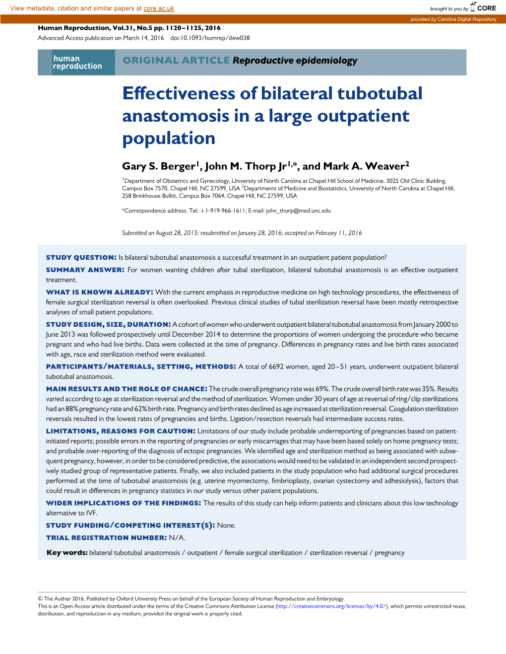 Effectiveness of Bilateral Tubotubal Anastomosis in a Large Outpatient Population