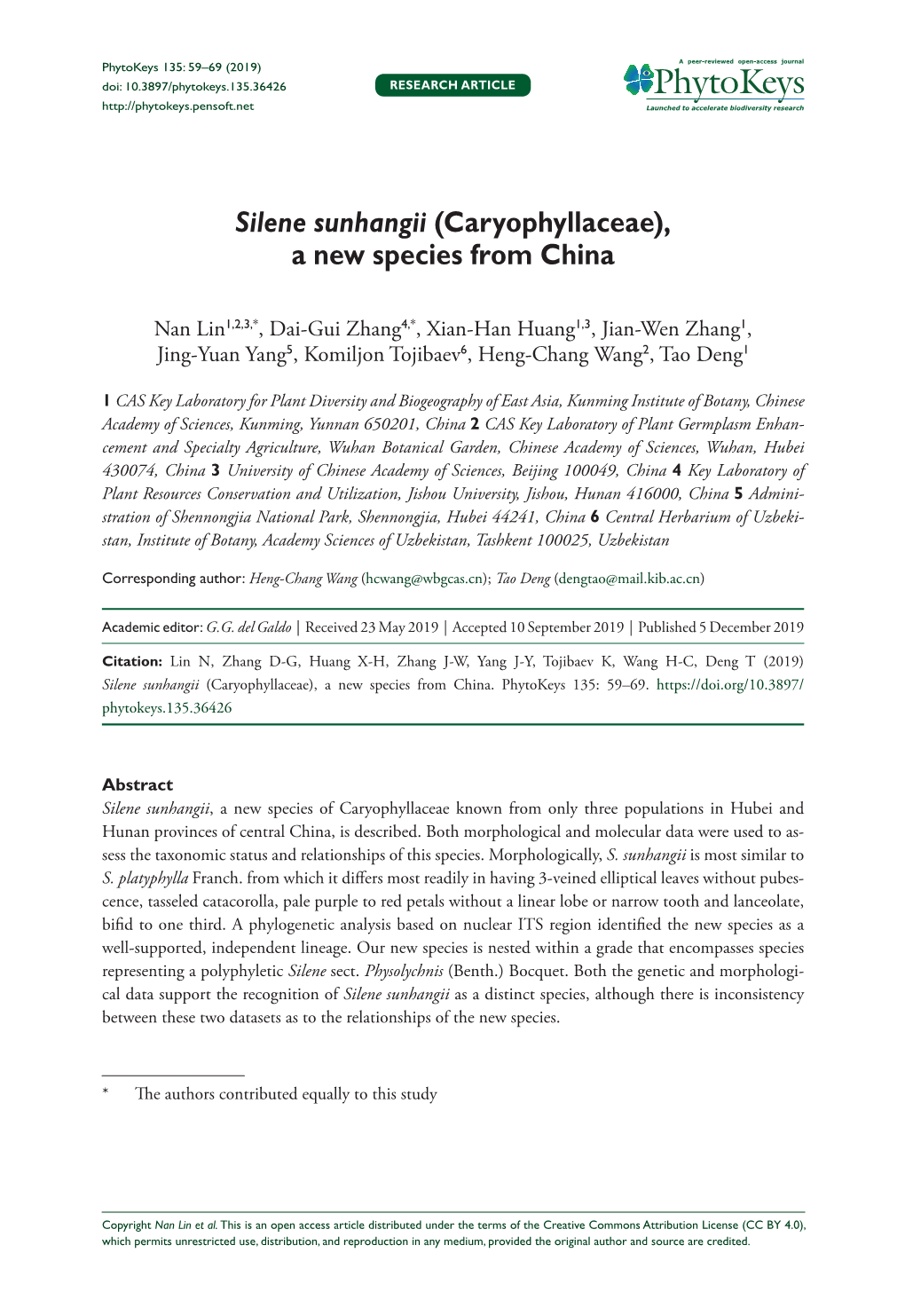 Silene Sunhangii (Caryophyllaceae), a New Species from China