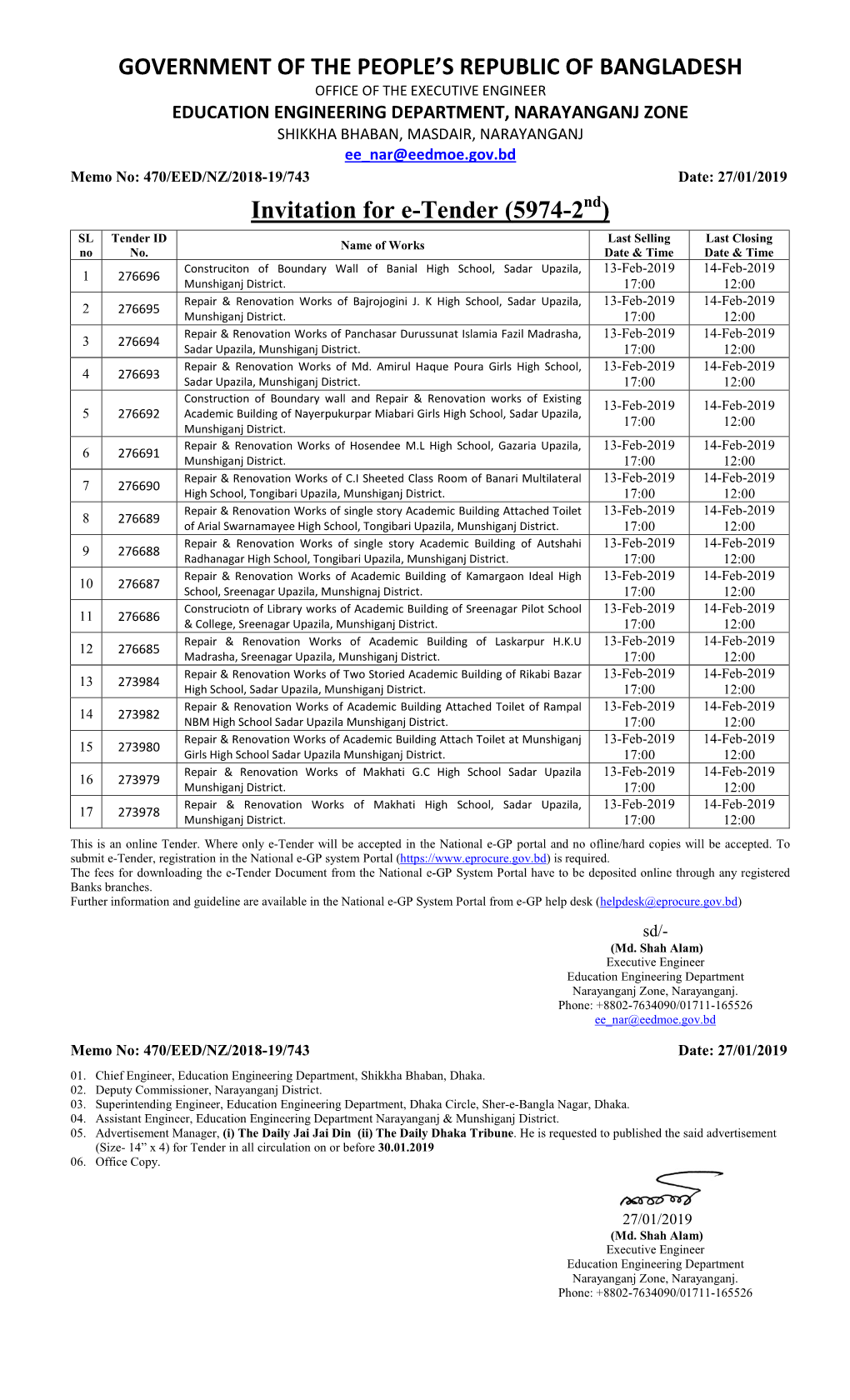 EDUCATION ENGINEERING DEPARTMENT, NARAYANGANJ ZONE SHIKKHA BHABAN, MASDAIR, NARAYANGANJ Ee Nar@Eedmoe.Gov.Bd