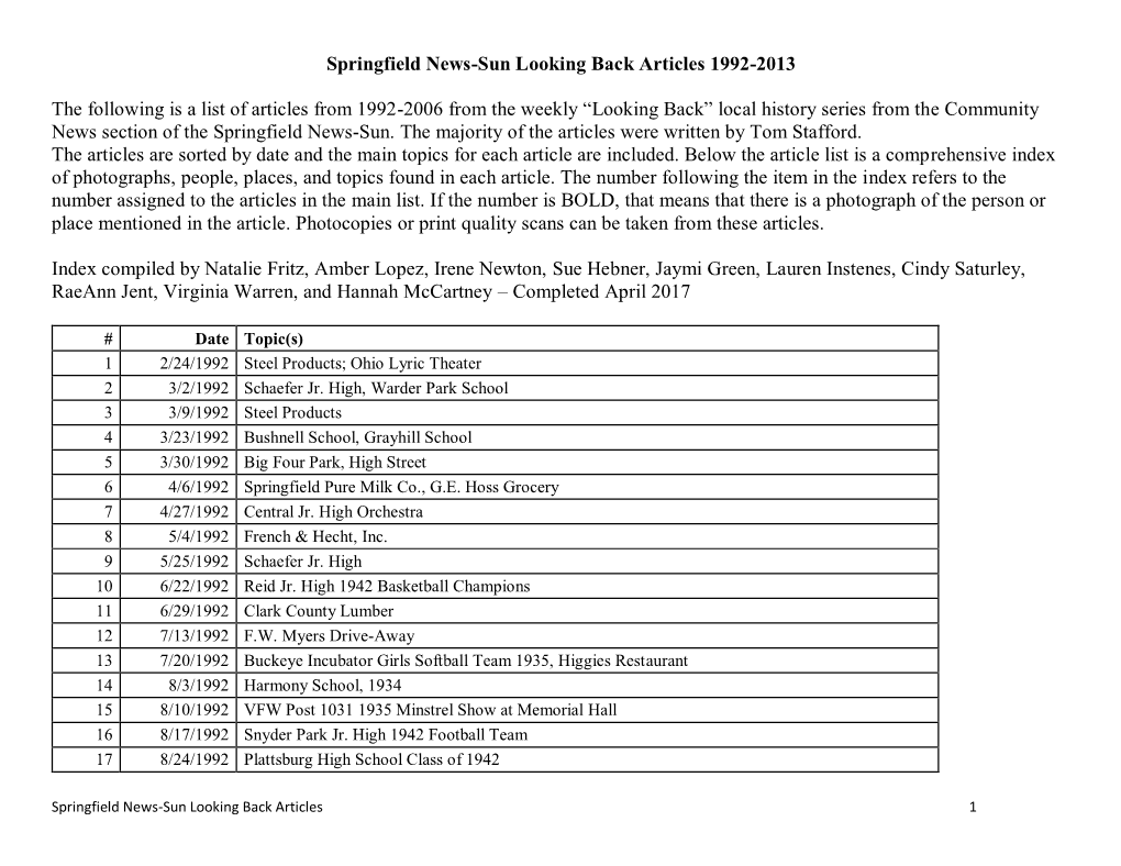 Springfield News-Sun Looking Back Articles 1992-2013