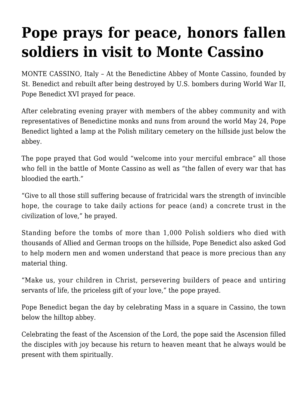 Pope Prays for Peace, Honors Fallen Soldiers in Visit to Monte Cassino