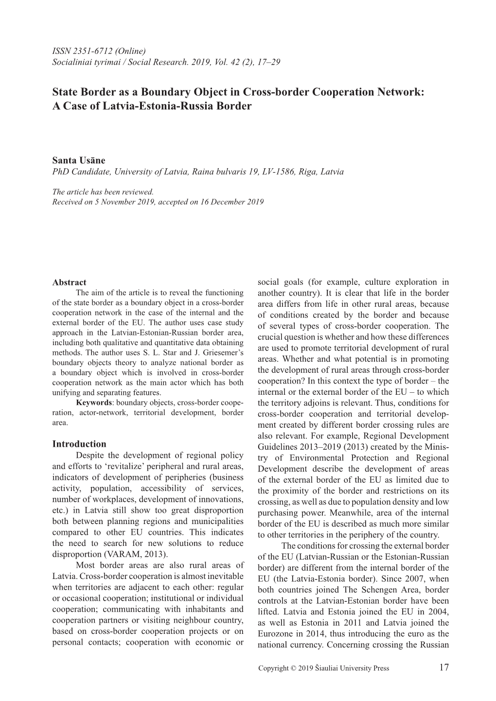 State Border As a Boundary Object in Cross-Border Cooperation Network: a Case of Latvia-Estonia-Russia Border