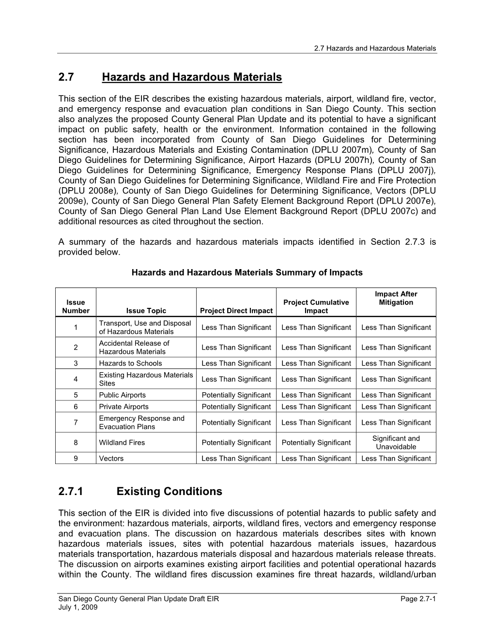 2.7 Hazards and Hazardous Materials 2.7.1 Existing Conditions