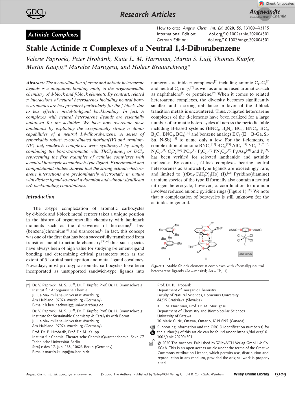 Stable Actinide Π Complexes of a Neutral 1,4‐Diborabenzene