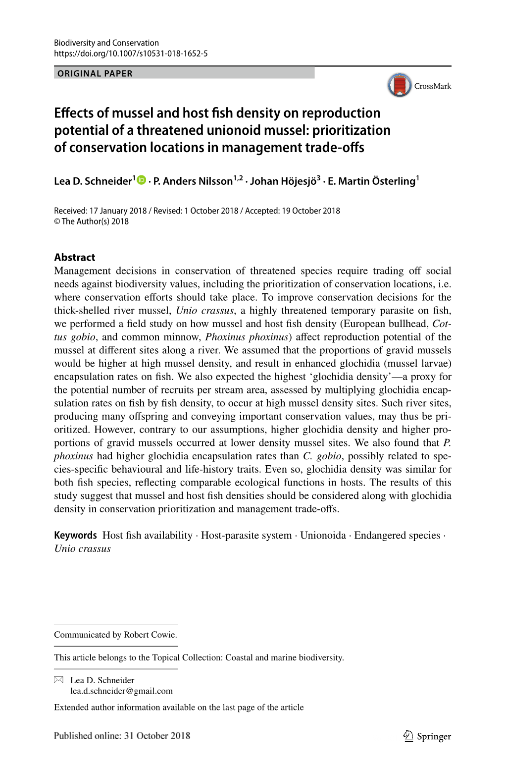 Effects of Mussel and Host Fish Density on Reproduction Potential of a Threatened Unionoid Mussel: Prioritization of Conservatio