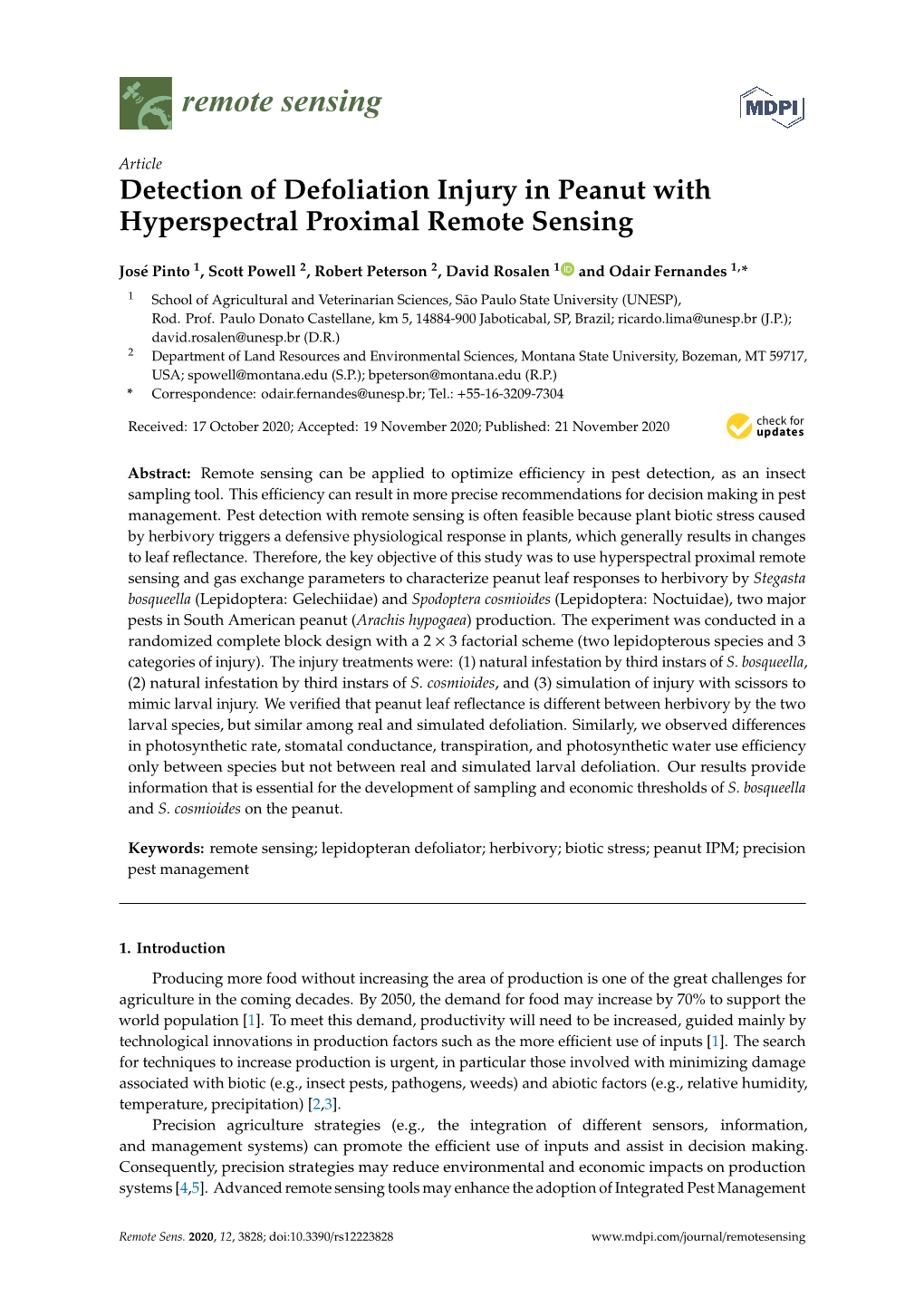 Detection of Defoliation Injury in Peanut with Hyperspectral Proximal Remote Sensing