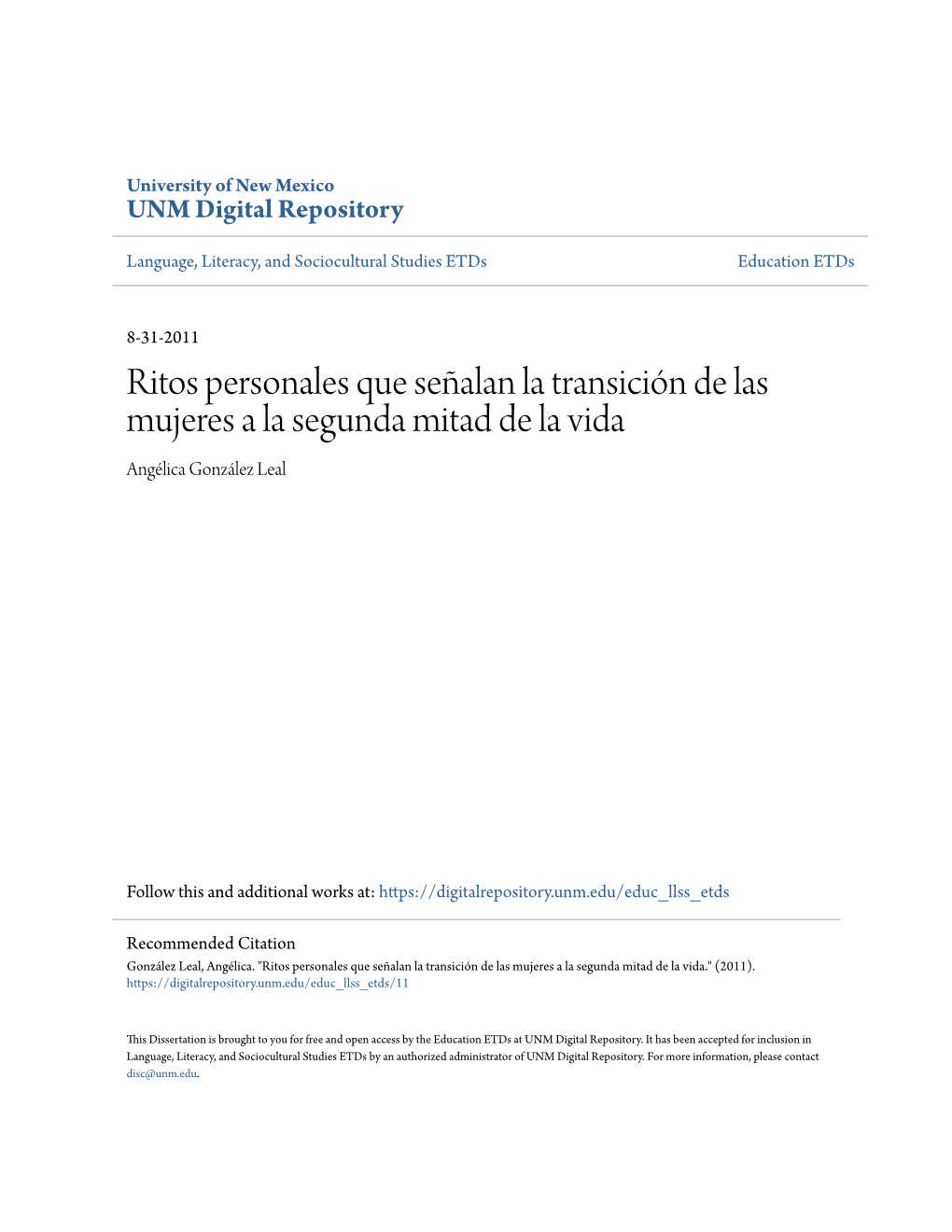 Ritos Personales Que Señalan La Transición De Las Mujeres a La Segunda Mitad De La Vida Angélica González Leal