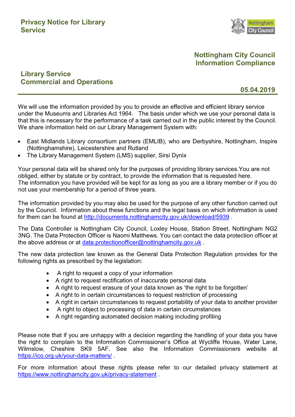 Privacy Notice for Library Service Nottingham City Council