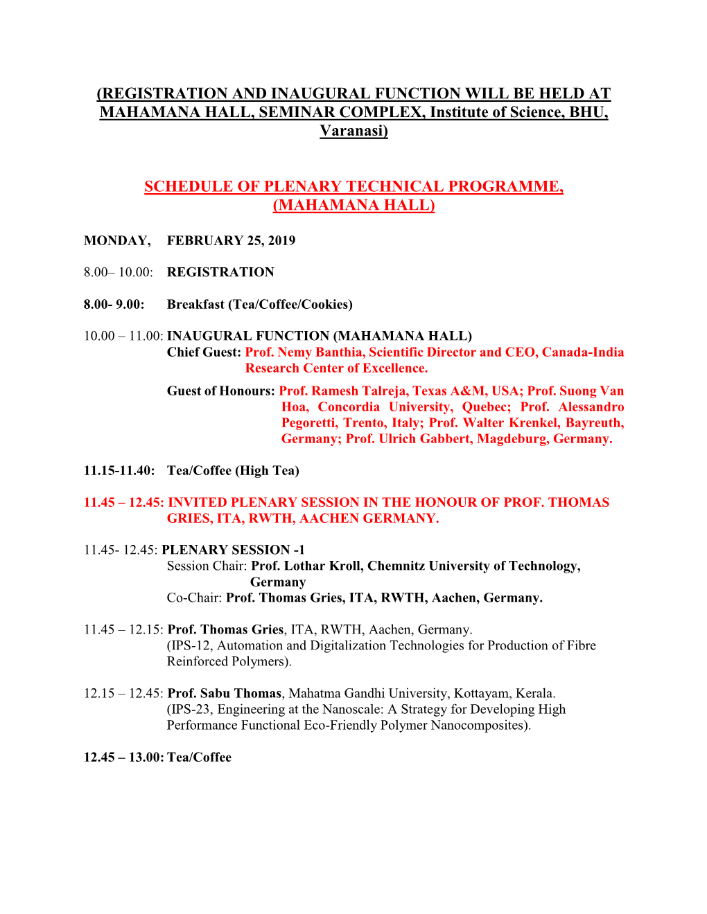 Technical Programme, (Mahamana Hall)