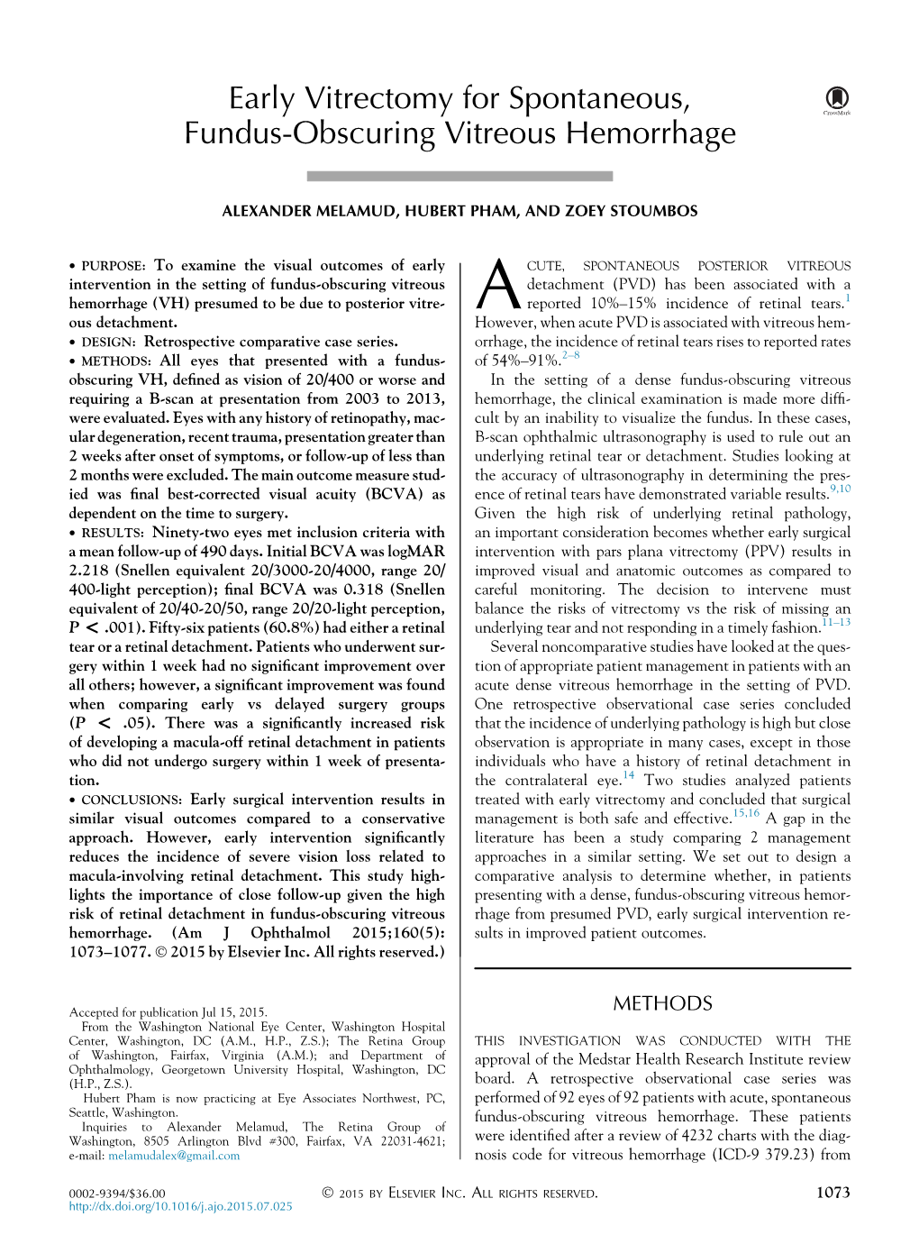 Early Vitrectomy for Spontaneous, Fundus-Obscuring Vitreous Hemorrhage