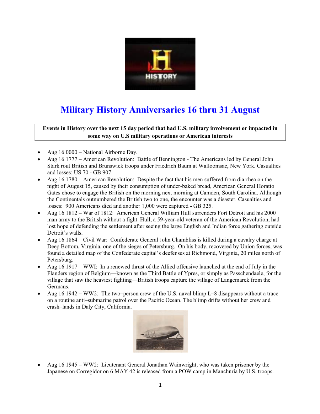 Military History Anniversaries 16 Thru 31 August