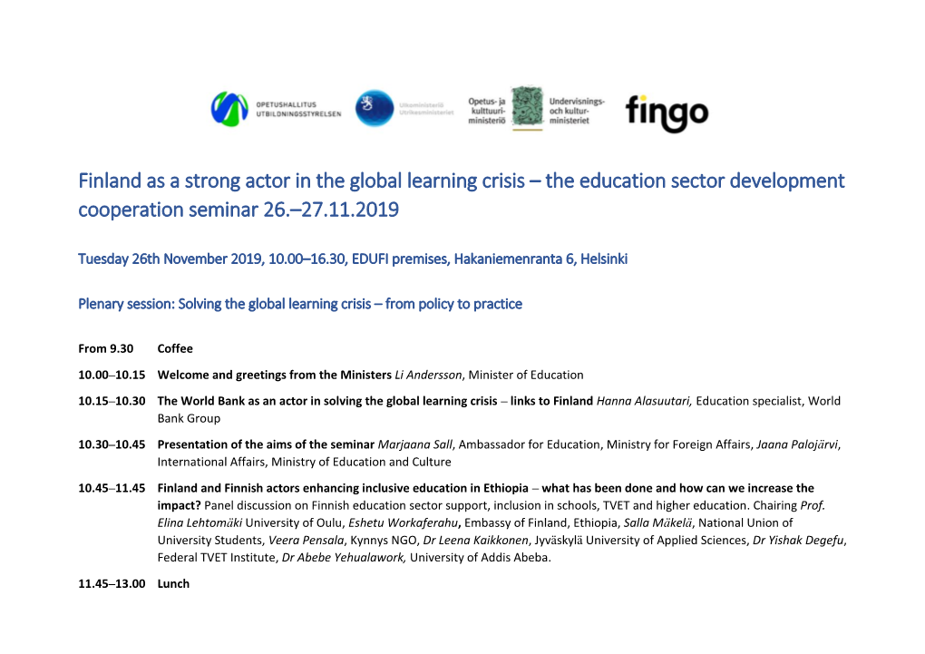 Finland As a Strong Actor in the Global Learning Crisis – the Education Sector Development Cooperation Seminar 26.–27.11.2019