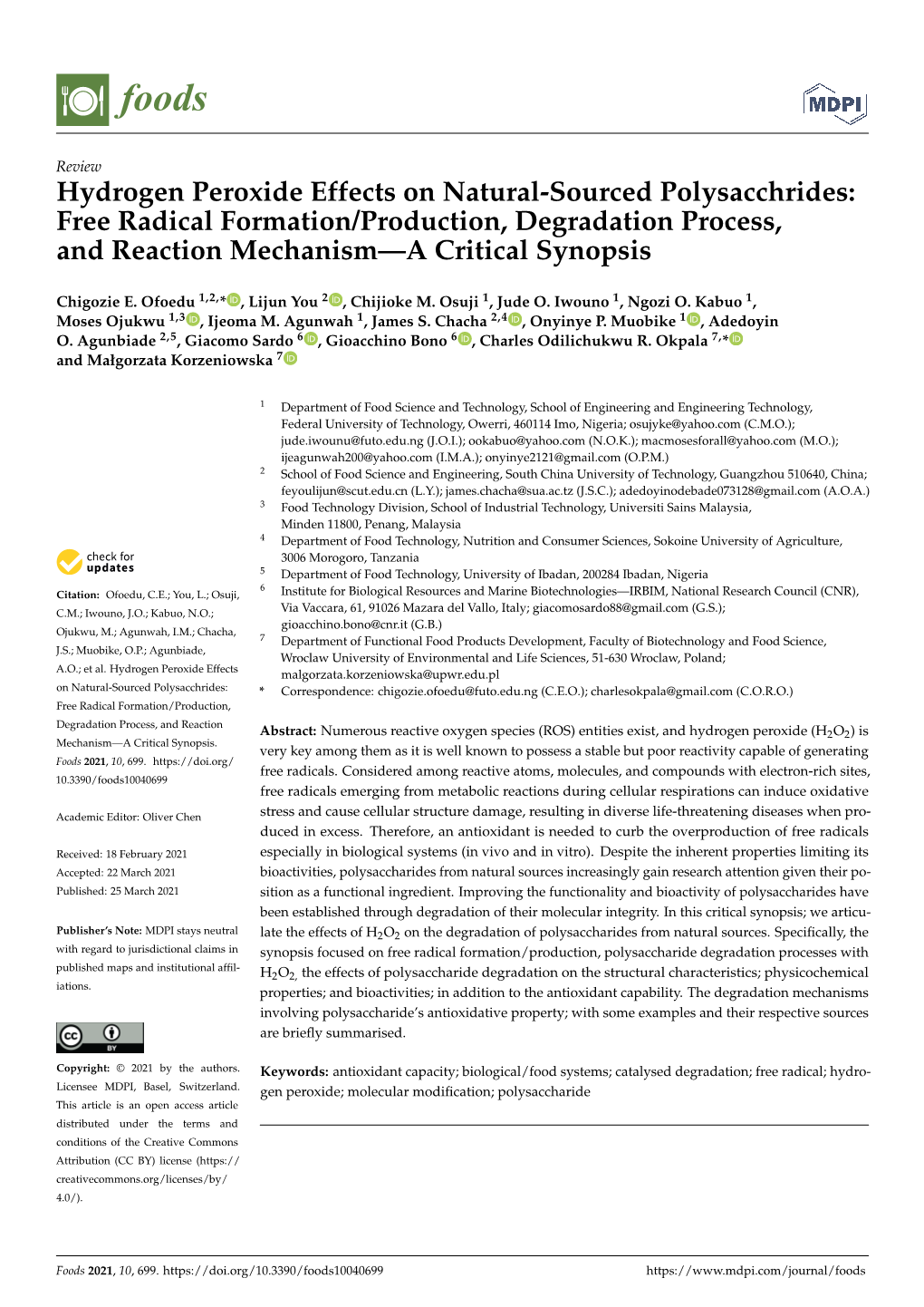 Hydrogen Peroxide Effects on Natural-Sourced Polysacchrides: Free Radical Formation/Production, Degradation Process, and Reaction Mechanism—A Critical Synopsis