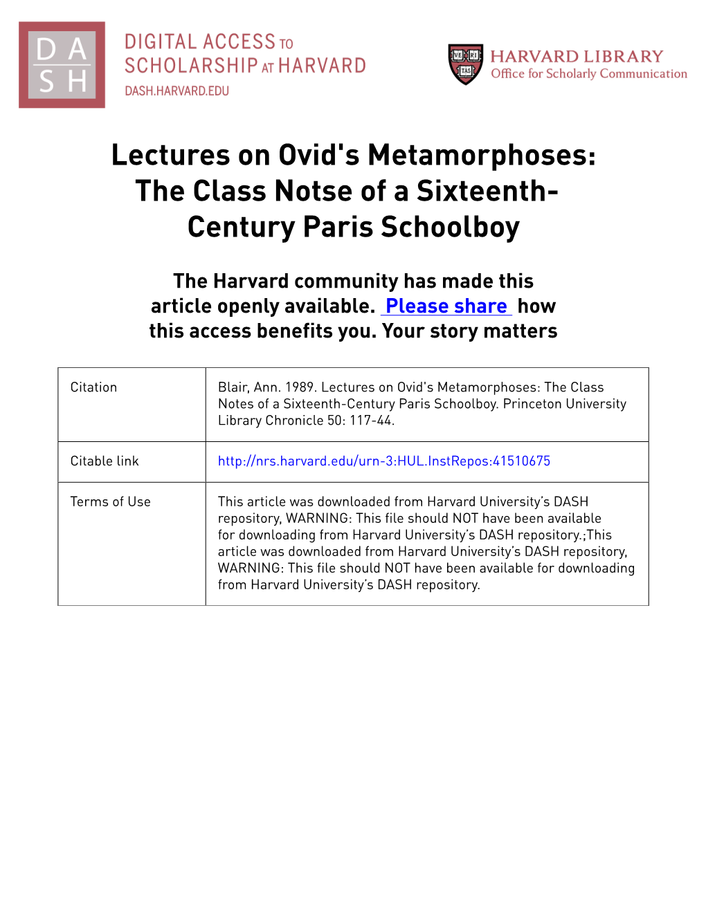 Lectures on Ovid's Metamorphoses: the Class Notse of a Sixteenth- Century Paris Schoolboy