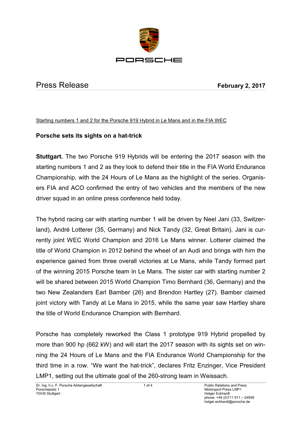 Press Release February 2, 2017