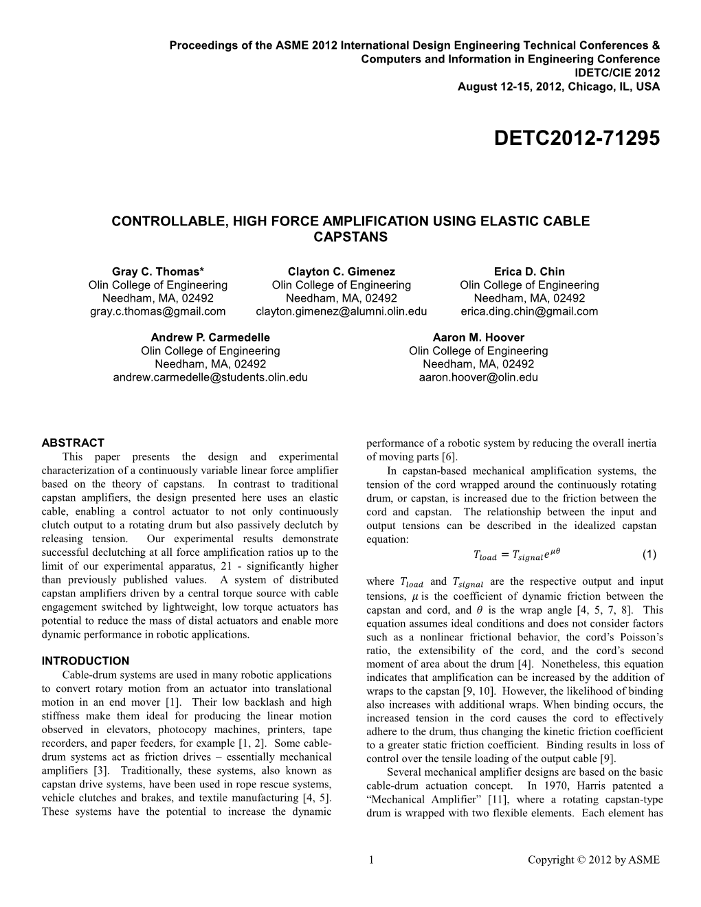 Controllable, High Force Amplification Using Elastic Cable Capstans