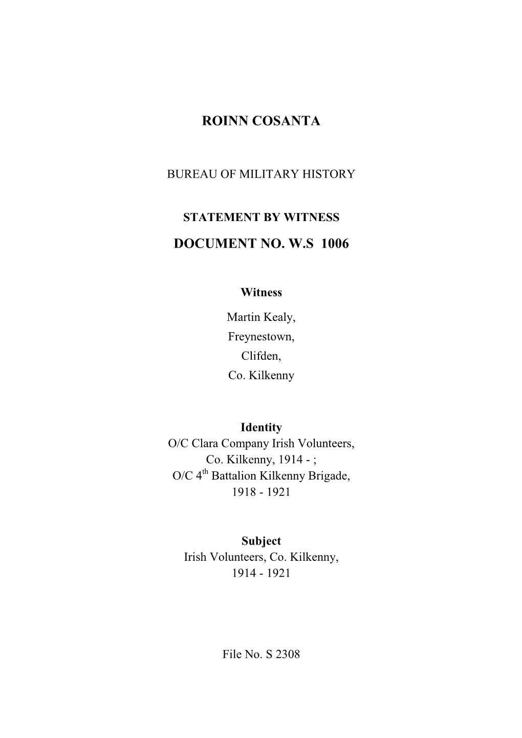 Roinn Cosanta Document No. W.S 1006