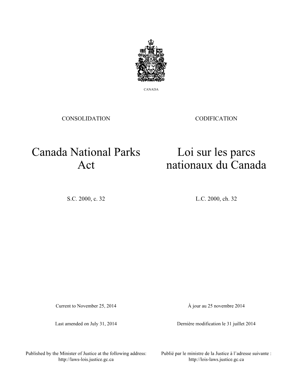 Canada National Parks Act Loi Sur Les Parcs Nationaux Du Canada