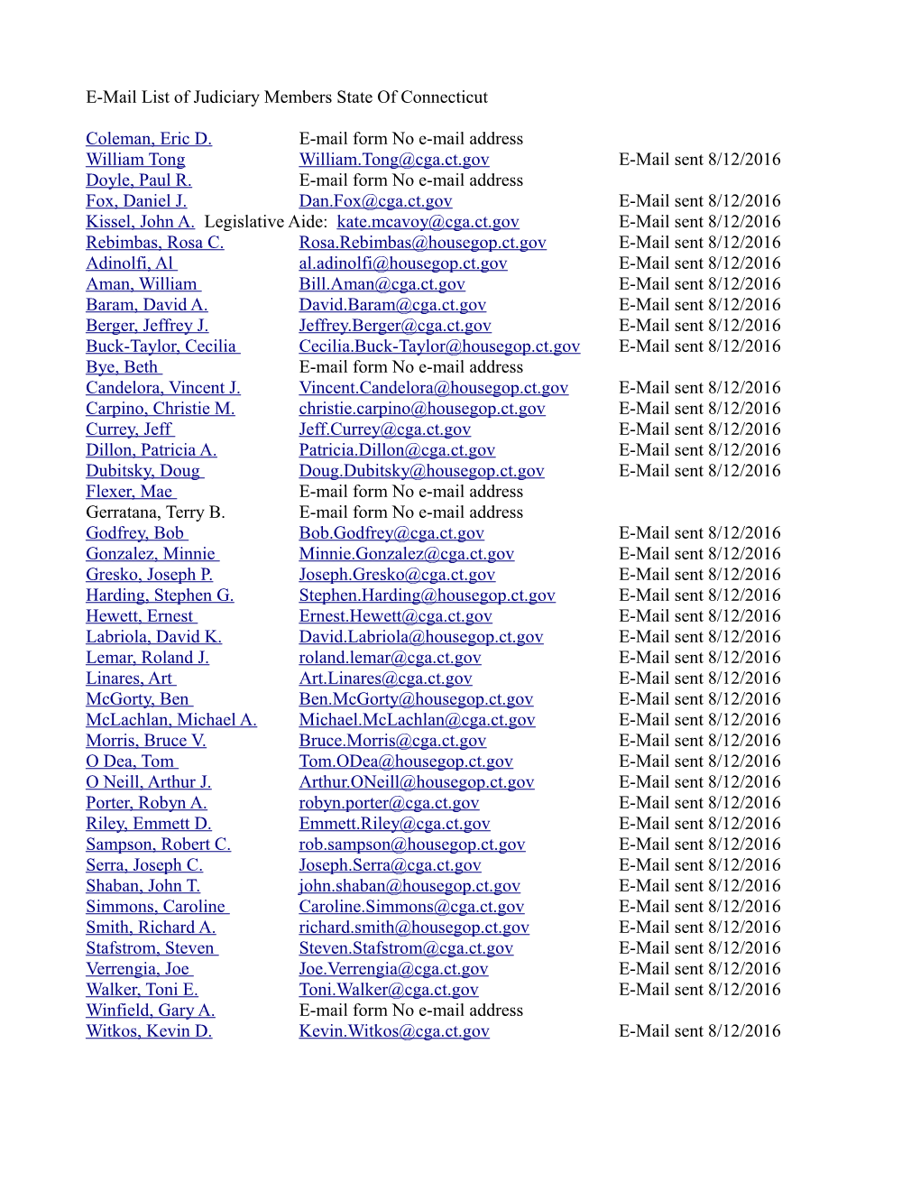 E-Mail List of Judiciary Members State of Connecticut Coleman, Eric D. E