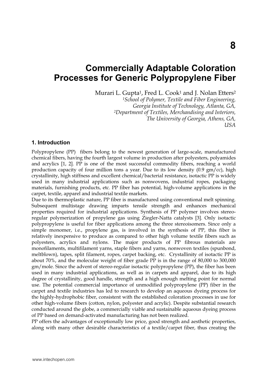 Commercially Adaptable Coloration Processes for Generic Polypropylene Fiber