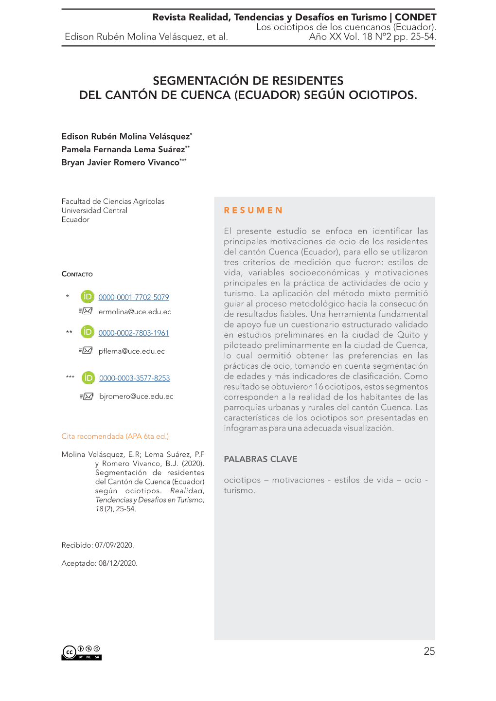 Segmentación De Residentes Del Cantón De Cuenca (Ecuador) Según Ociotipos