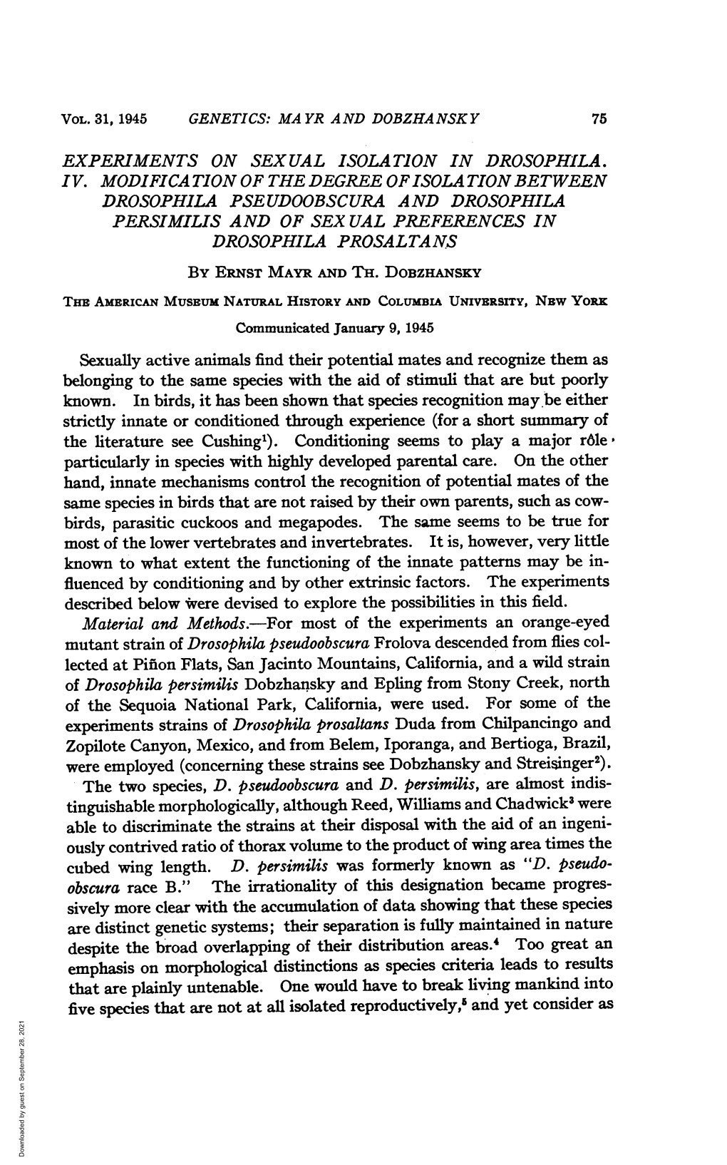 Vol. 31, 1945 Genetics: Ma Yr and Dobzha Nsk Y 75 Experiments on Sexual Isolation in Drosophila