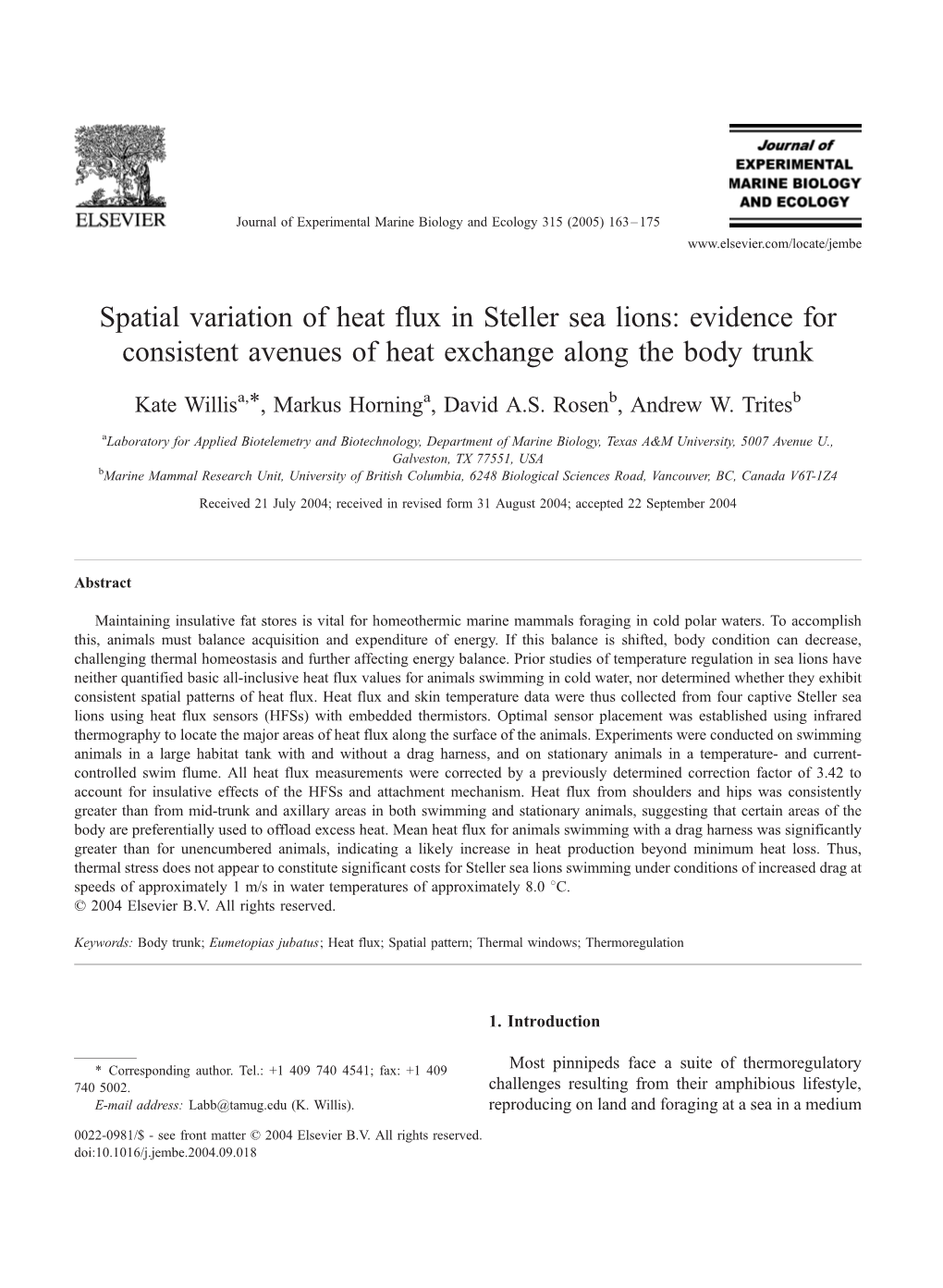 Spatial Variation of Heat Flux in Steller Sea Lions: Evidence for Consistent Avenues of Heat Exchange Along the Body Trunk