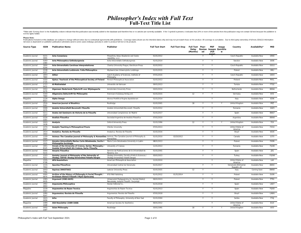 Philosopher's Index with Full Text Full-Text Title List
